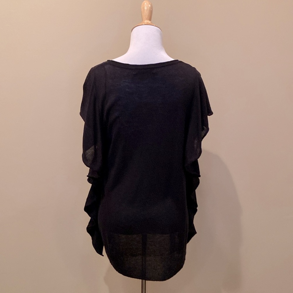 Zara top, black, fine knit lightweight, flutter sleeves, ruffles down side.
